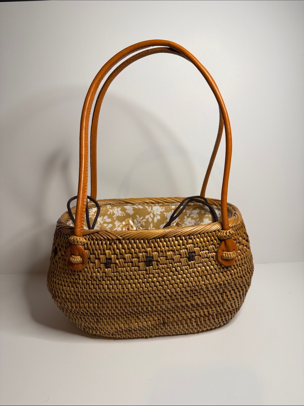 Handwoven Tan Straw Tote with Floral Interior